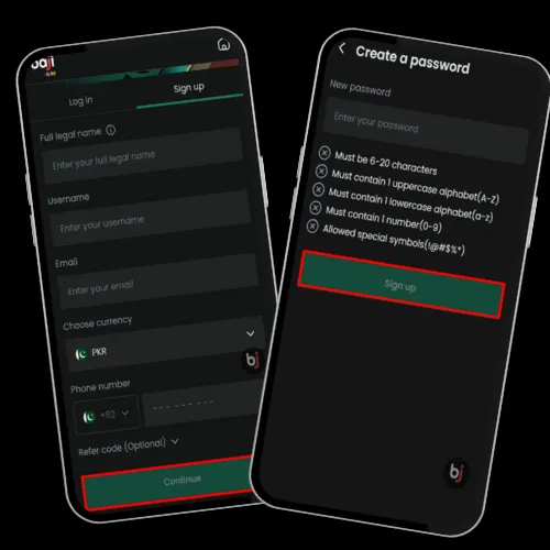 Baji sign up screen showing account creation steps on mobile